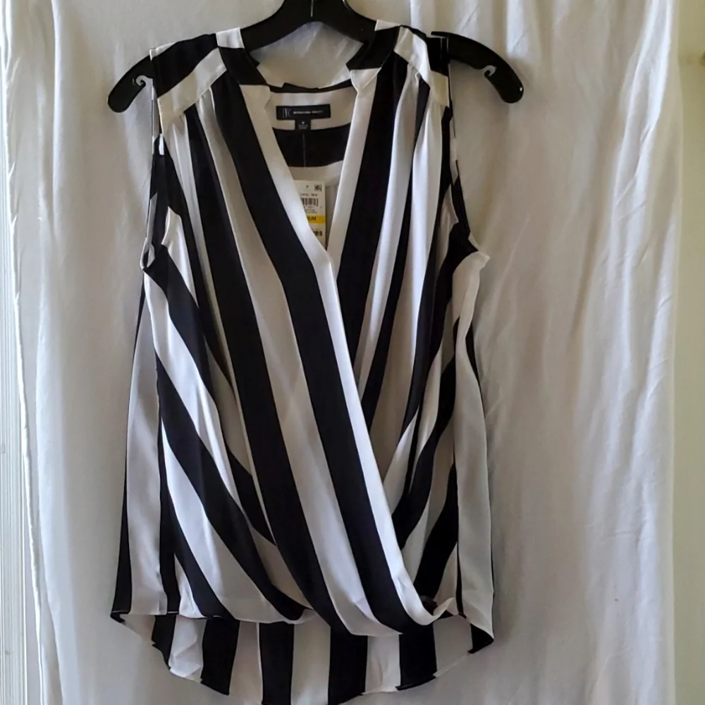 INC Navy and white striped, sleeveless surplice blouse. NWT. Size Medium. - Picture 1 of 3